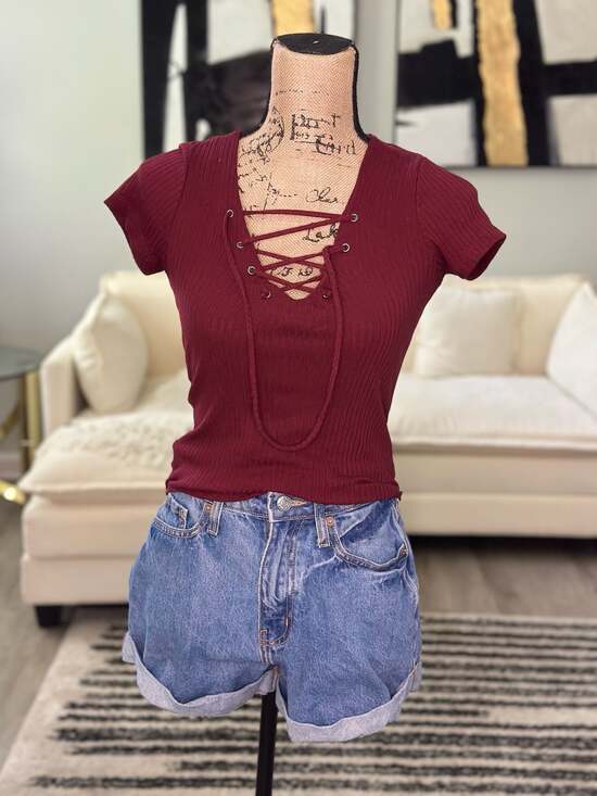 rue21 Tops - rue21 Ribbed Lace-Up Front Short Sleeve Bodysuit in Burgundy